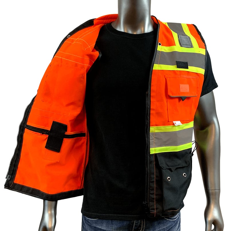 REXZUS (C Vest For Mens Black Series Safety Vest With Zipper and Utility Pockets Premium Black Series Surveyors Vest (Medium, Orange/Black) - Image 5